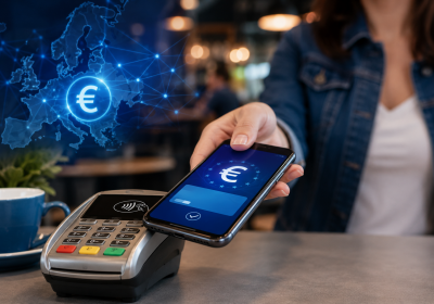 Mladá žena platí smartfónom pri bezkontaktnom platobnom termináli