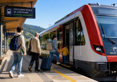 Na nástupišti nastupujú študent, senior a mladá rodina s batožinou